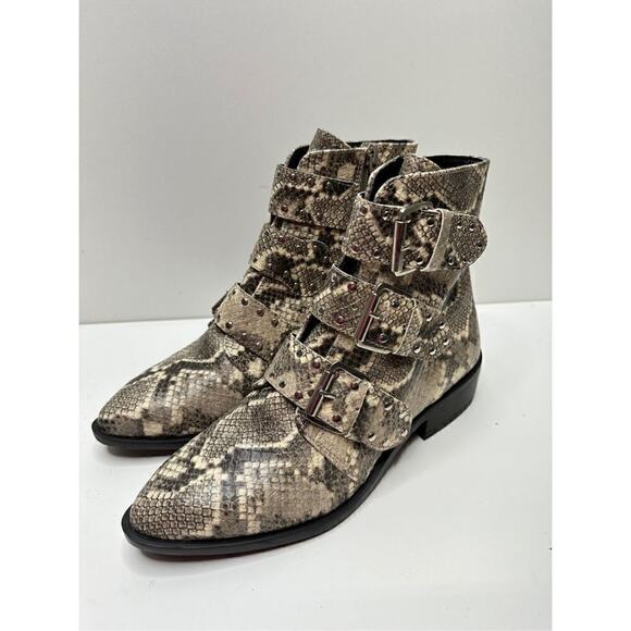 STEVEN NEW YORK Beige Snake Buckle Accent Studded Hazan Almond Toe Block Heel - Picture 4 of 11